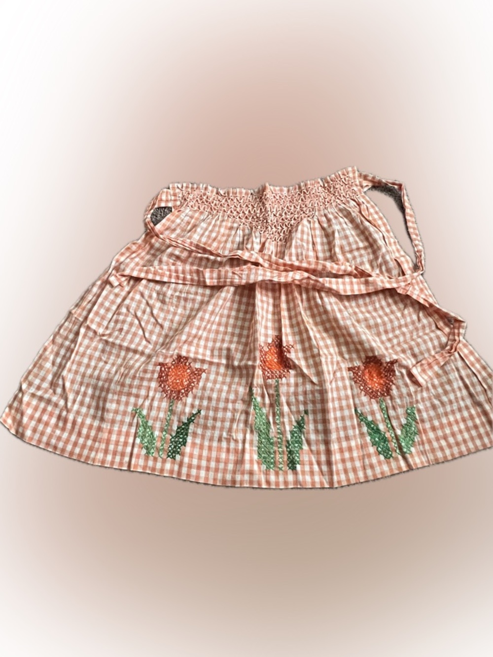 🔴Vintage Handmade Smocked Orange Gingham Tulip Embroidered Half Apron